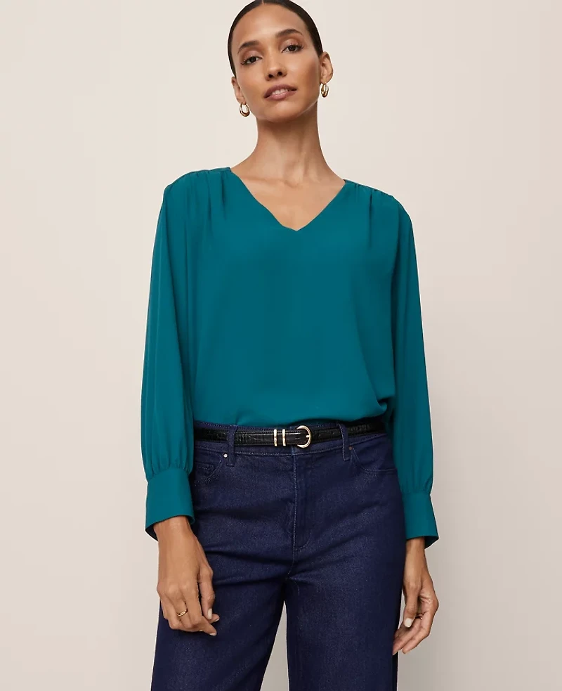 Ann Taylor V-Neck Popover Top Deep Atlantic Teal Women's