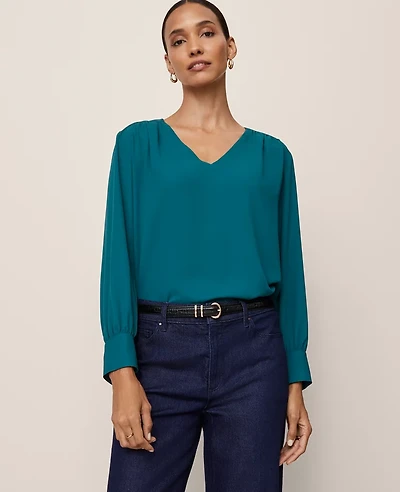 Ann Taylor V-Neck Popover Top Size 2XS Deep Atlantic Teal Women's