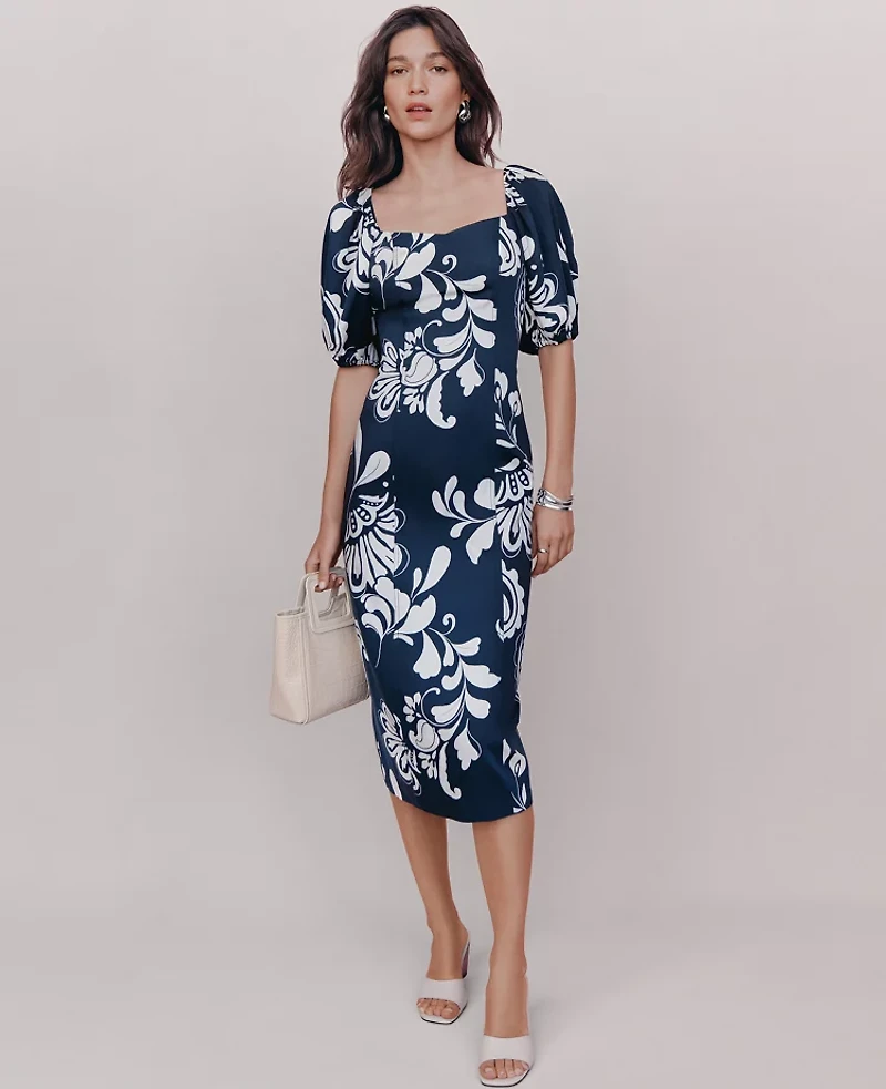 Ann Taylor Petite Floral Puff Sleeve Midi Dress Night Sky Women's
