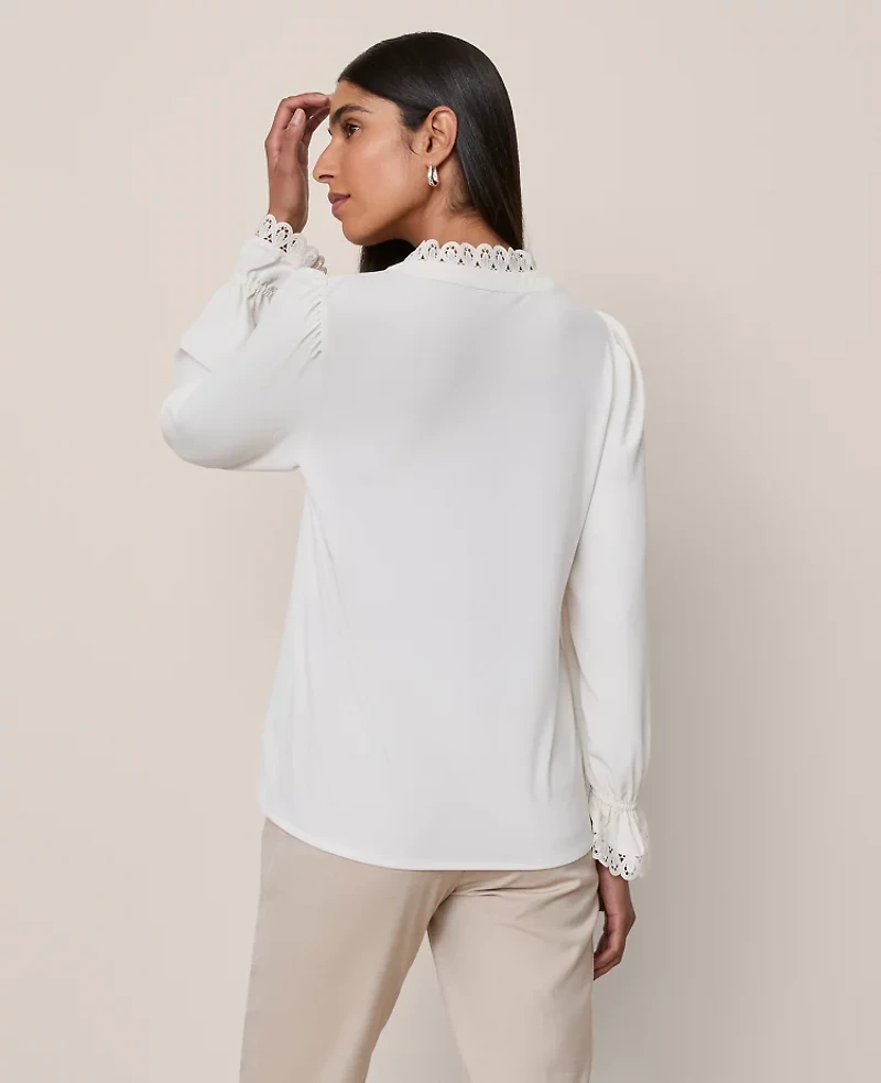 Ann Taylor Lace Ruffle Trim Blouse Size Medium Winter White Women's