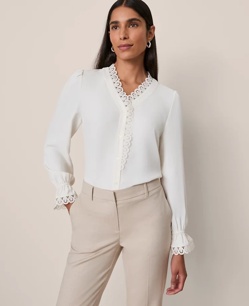 Ann Taylor Lace Ruffle Trim Blouse Size Medium Winter White Women's