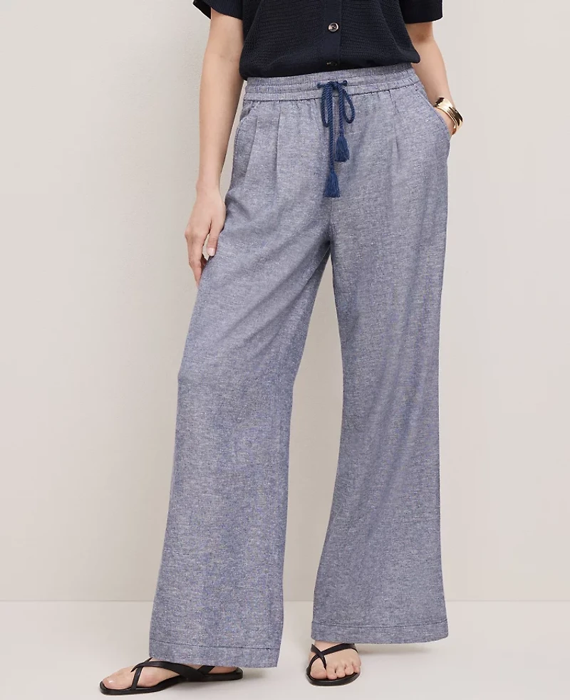Ann Taylor Petite Weekend Collection Pull-On Wide-Leg Pant Linen Blend Navy Pebble Women's