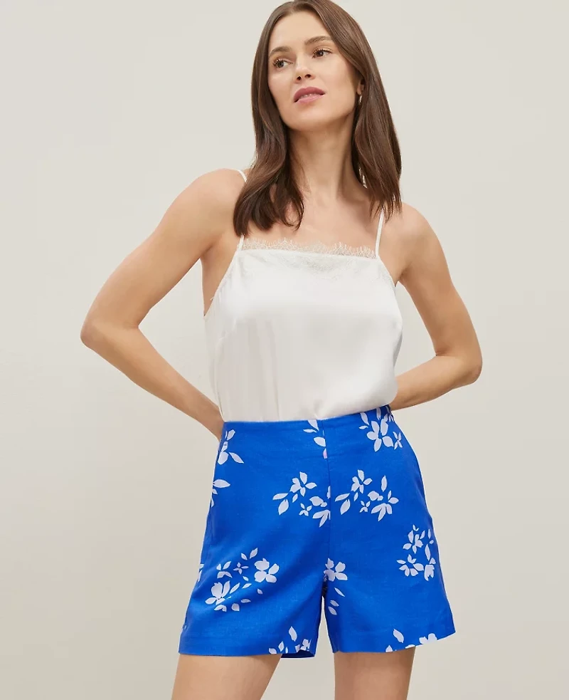 Ann Taylor The Petite Side-Zip Short in Floral Linen Blend Size 8 Maritime Blue Women's