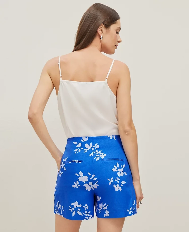 Ann Taylor The Petite Side-Zip Short in Floral Linen Blend Size 8 Maritime Blue Women's