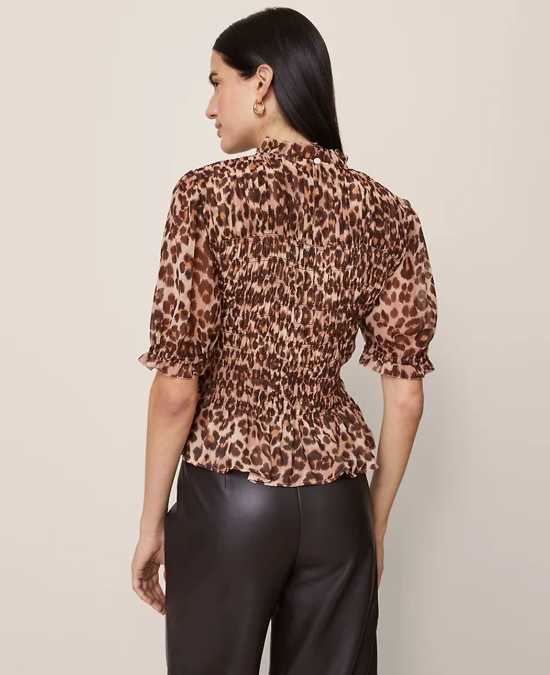 Ann Taylor Animal Print Smocked Ruffled Top Pale Sandalwood Women's