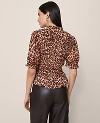 Ann Taylor Animal Print Smocked Ruffled Top Pale Sandalwood Women's