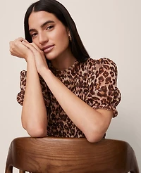 Ann Taylor Animal Print Smocked Ruffled Top Pale Sandalwood Women's