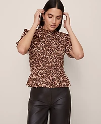 Ann Taylor Animal Print Smocked Ruffled Top Pale Sandalwood Women's