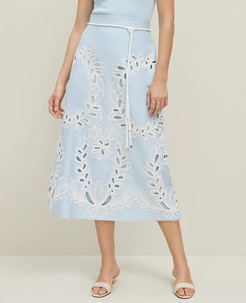 Ann Taylor Petite Embroidered Tea Length Skirt Size 4 Zephyr Blue Women's