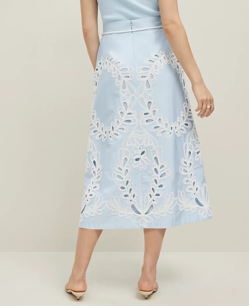 Ann Taylor Petite Embroidered Tea Length Skirt Size 4 Zephyr Blue Women's