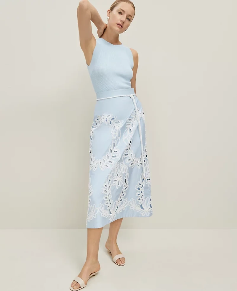 Ann Taylor Petite Embroidered Tea Length Skirt Size 4 Zephyr Blue Women's