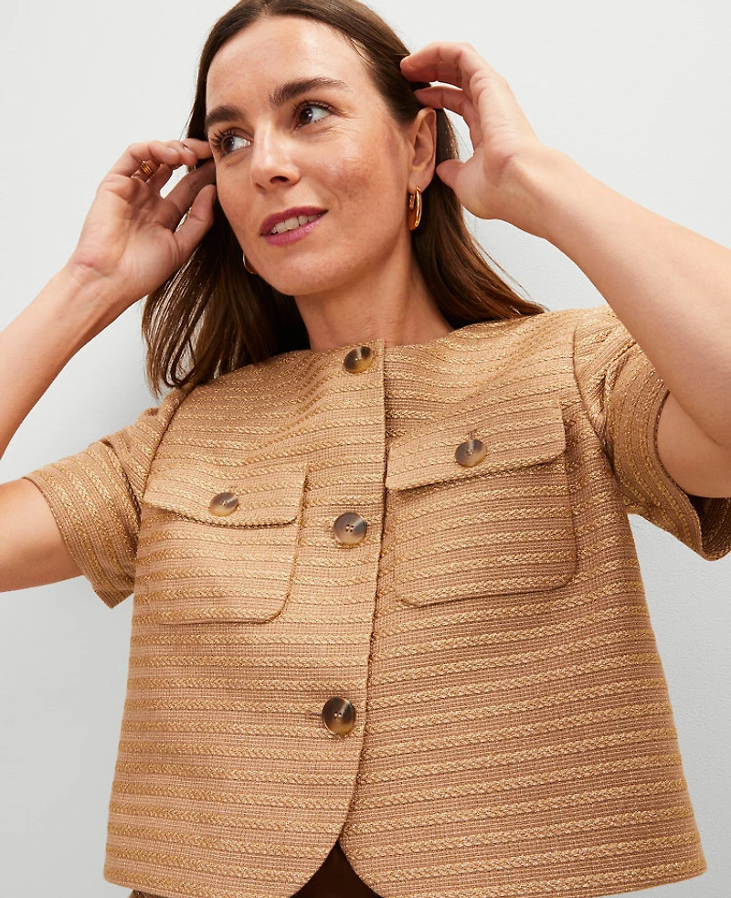 Ann Taylor Petite Metallic Tweed Jacket Size 12 Karat Gold Metallic Women's