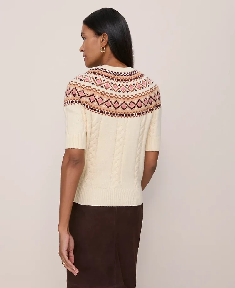 Ann Taylor Fair Isle Cable Sweater T-Shirt Seedpearl Women's
