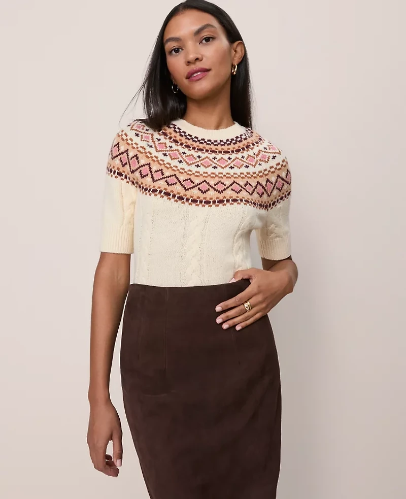 Ann Taylor Fair Isle Cable Sweater T-Shirt Seedpearl Women's