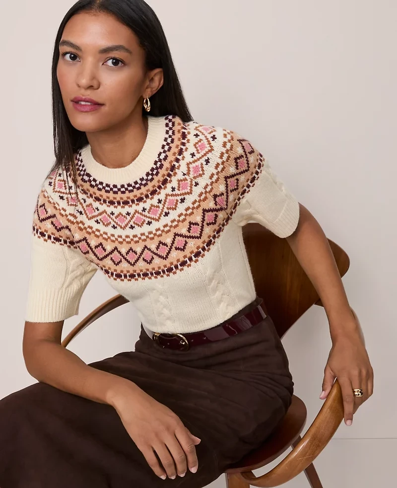 Ann Taylor Fair Isle Cable Sweater T-Shirt Seedpearl Women's