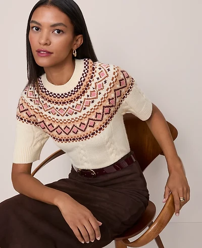 Ann Taylor Fair Isle Cable Sweater T-Shirt Seedpearl Women's