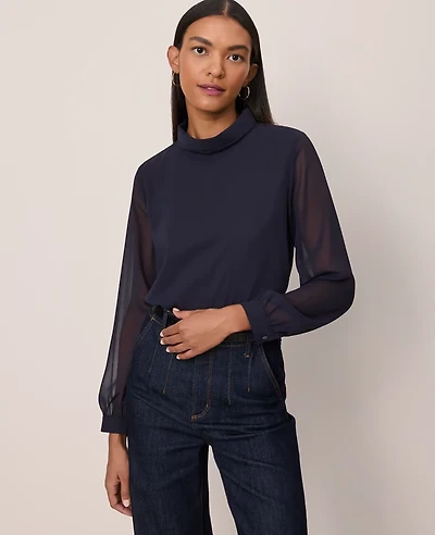Ann Taylor Mock Neck Blouse Night Sky Women's