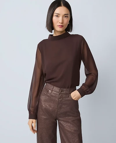 Ann Taylor Mock Neck Blouse Pure Chocolate Women's