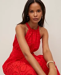 Ann Taylor Petite Eyelet Halter Flare Maxi Dress Fiery Red Women's