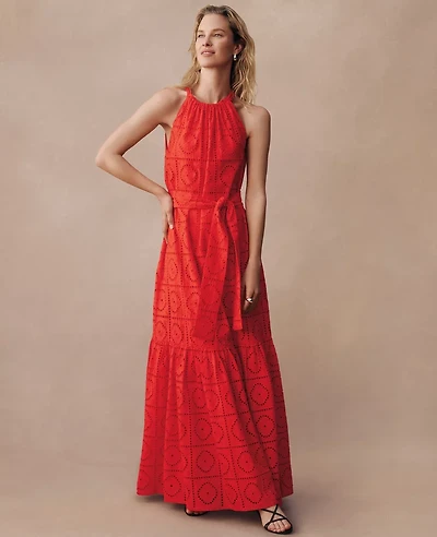 Ann Taylor Petite Eyelet Halter Flare Maxi Dress Size 2XS Fiery Red Women's
