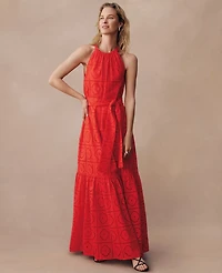 Ann Taylor Petite Eyelet Halter Flare Maxi Dress Fiery Red Women's