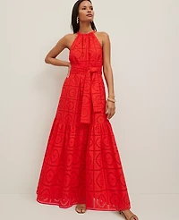 Ann Taylor Petite Eyelet Halter Flare Maxi Dress Fiery Red Women's