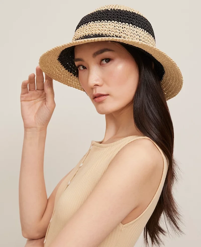Ann Taylor Striped Straw Bucket Hat Natural Women's