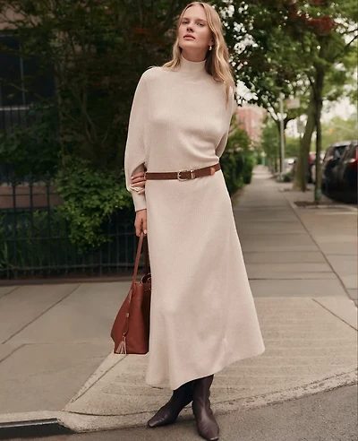 Ann Taylor Weekend Collection Ribbed Turtleneck Sweater Dress Pale Sand Heather Women's