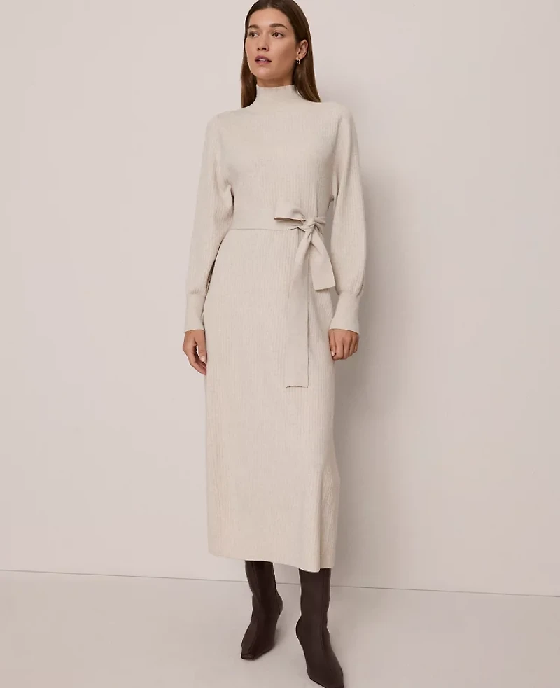 Ann Taylor Weekend Collection Ribbed Turtleneck Sweater Dress Pale Sand Heather Women's