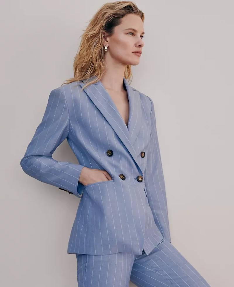 Ann Taylor The Petite Double Breasted Cutaway Blazer in Pinstripe Size 6 Velvet Morning Women's