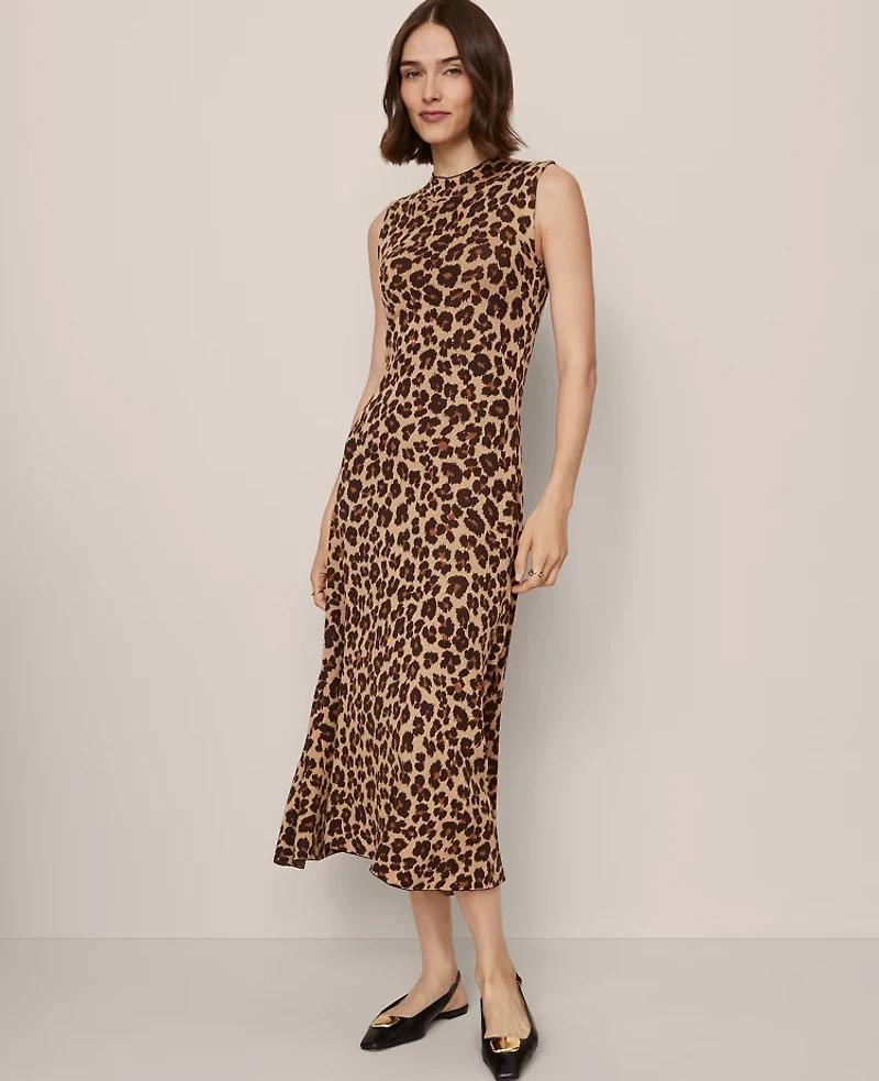 Ann Taylor Animal Print Mock Neck Midi Dress Almond Croissant Women's