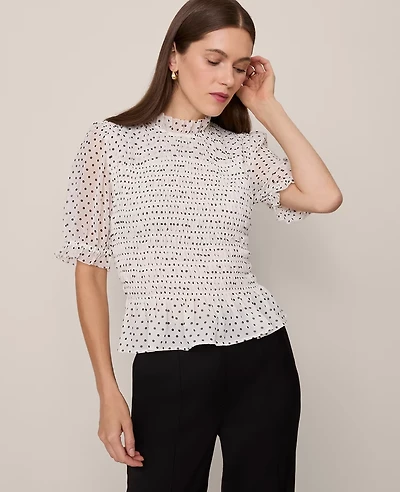 Ann Taylor Dotted Smocked Top Winter White Women's