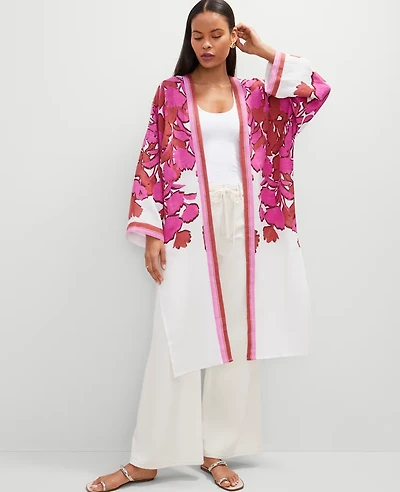 Ann Taylor Floral Long Kimono Size XS/S Winter White Women's
