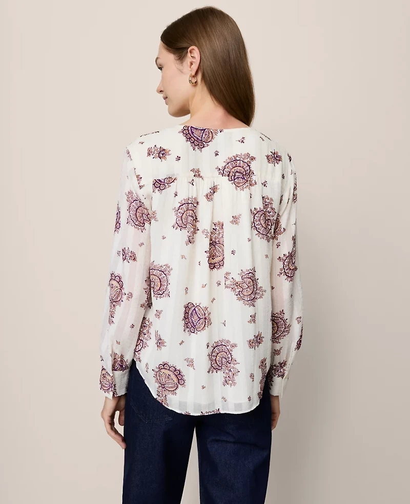 Ann Taylor Paisley V-Neck Popover Top Winter White Women's