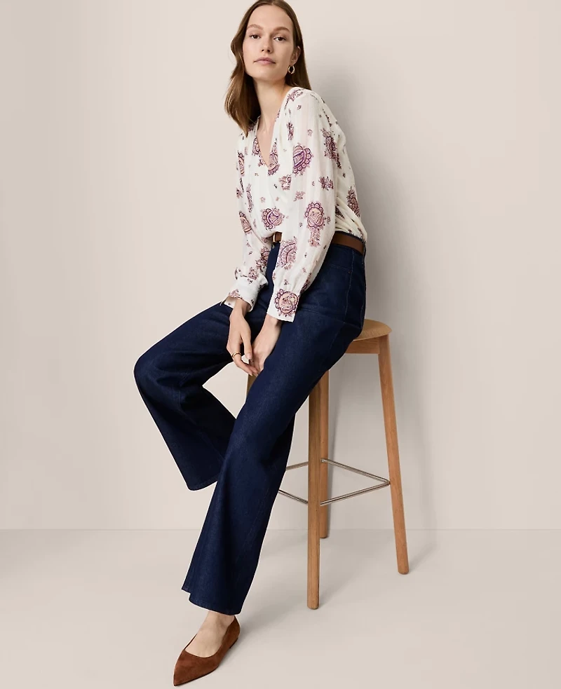 Ann Taylor Paisley V-Neck Popover Top Winter White Women's