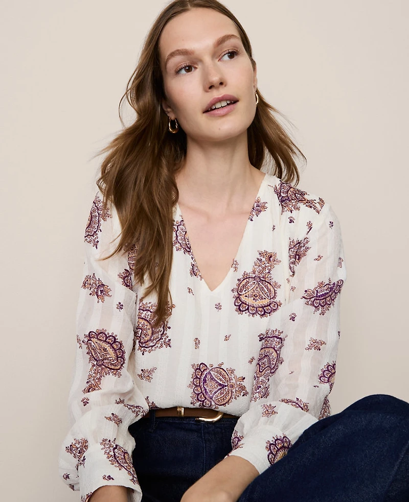 Ann Taylor Paisley V-Neck Popover Top Winter White Women's