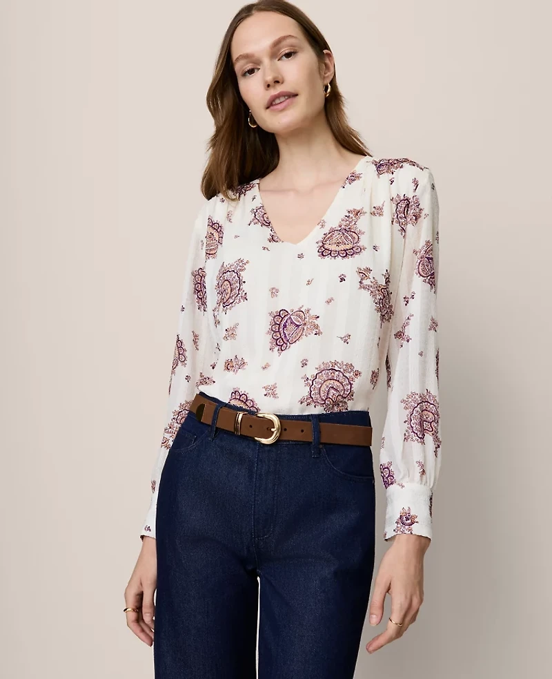 Ann Taylor Paisley V-Neck Popover Top Winter White Women's