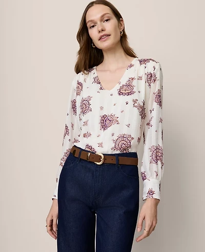 Ann Taylor Paisley V-Neck Popover Top Winter White Women's