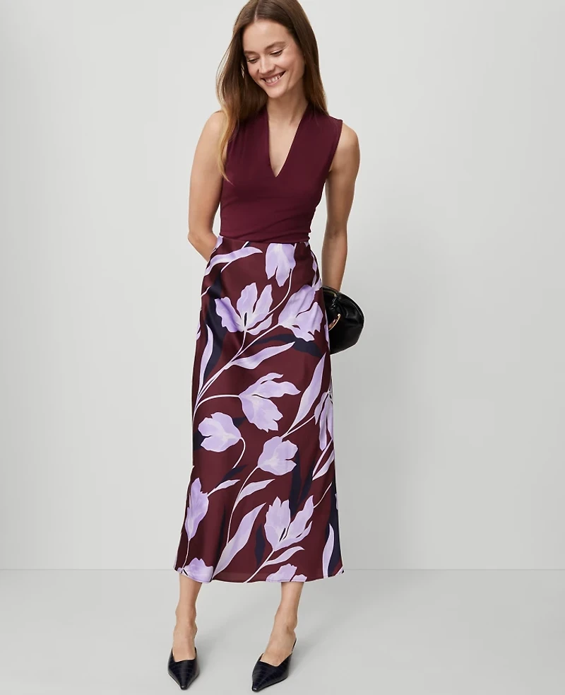 Ann Taylor Floral Satin Bias Slip Skirt B Windsor Wine Women's