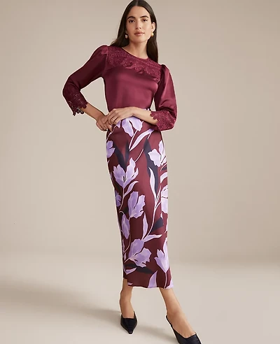 Ann Taylor Floral Satin Bias Slip Skirt B Windsor Wine Women's