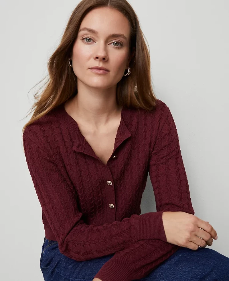 Ann Taylor Mixed Cable Cardigan Size Large Windsor Wine Women's