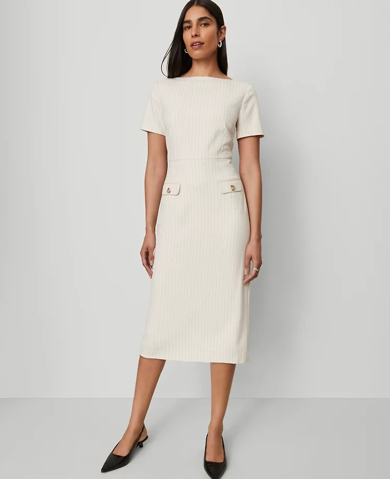 Ann Taylor Petite Striped Midi Sheath Dress Size 12 Black Cream Combo Women's