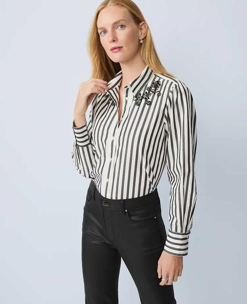 Ann Taylor Striped Embellished Shirt Black Women's