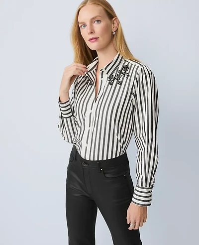 Ann Taylor Striped Embellished Shirt Black Women's