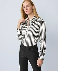 Ann Taylor Striped Embellished Shirt Black Women's