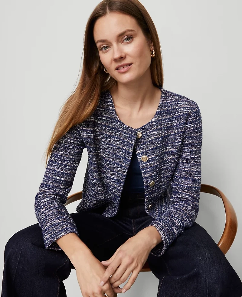 Ann Taylor Tweed Cropped Jacket Blue Multi Women's