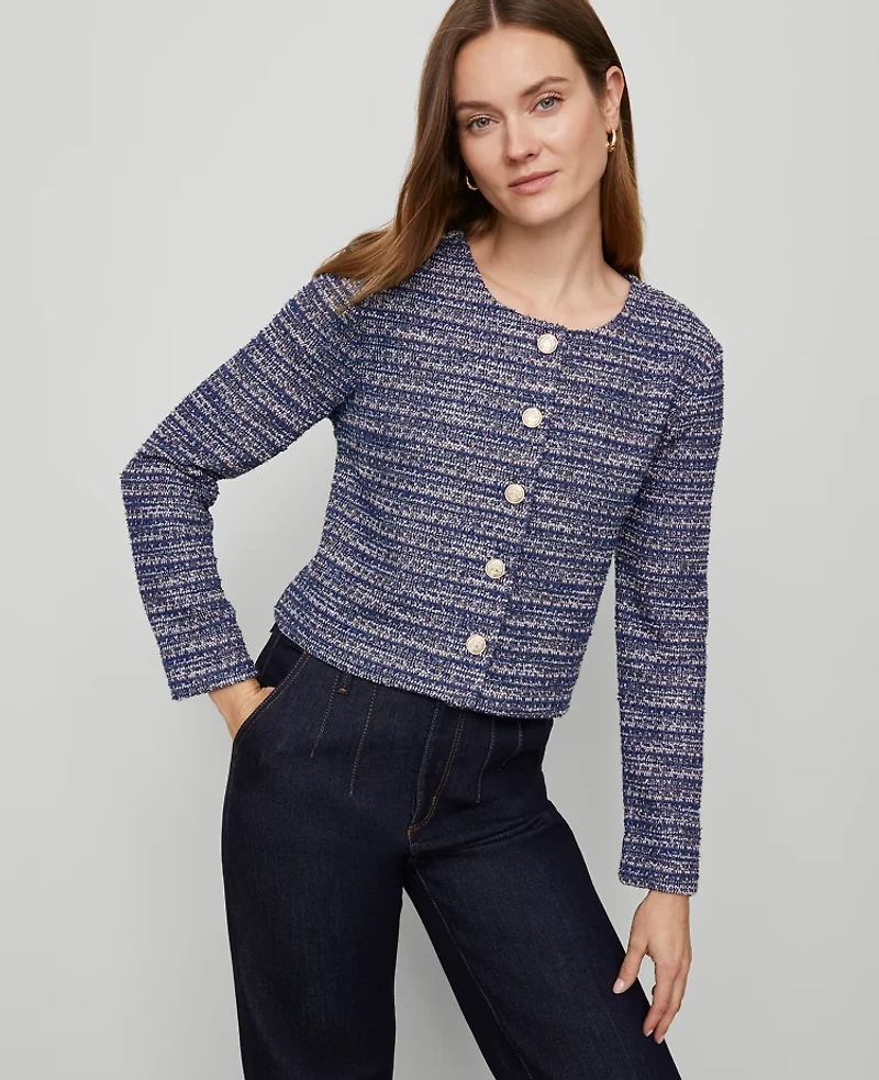 Ann Taylor Tweed Cropped Jacket Blue Multi Women's