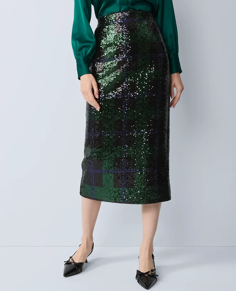 Ann Taylor Sequin Plaid Column Midi Skirt Black 1 Women's