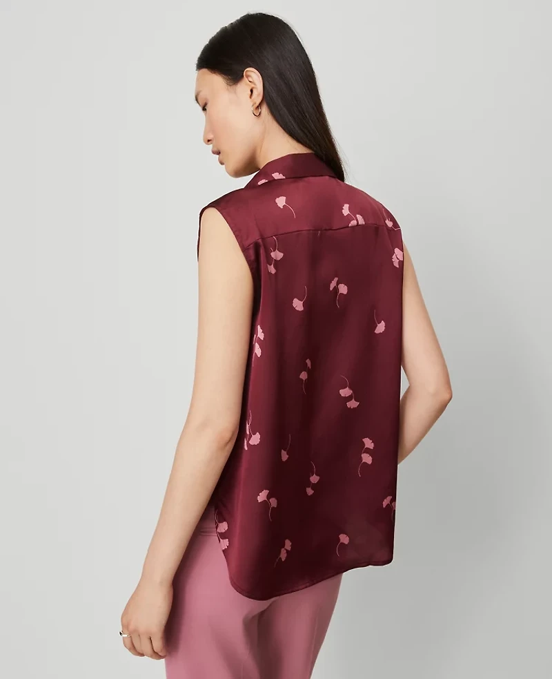 Ann Taylor Petite Floral Shirred Yoke Sleeveless Shirt Windsor Wine Women's