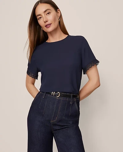 Ann Taylor Lace Trim Mixed Media Top Women's